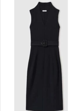 Reiss Ella Knitted Ribbed Belted Midi Dress Navy Blue XS